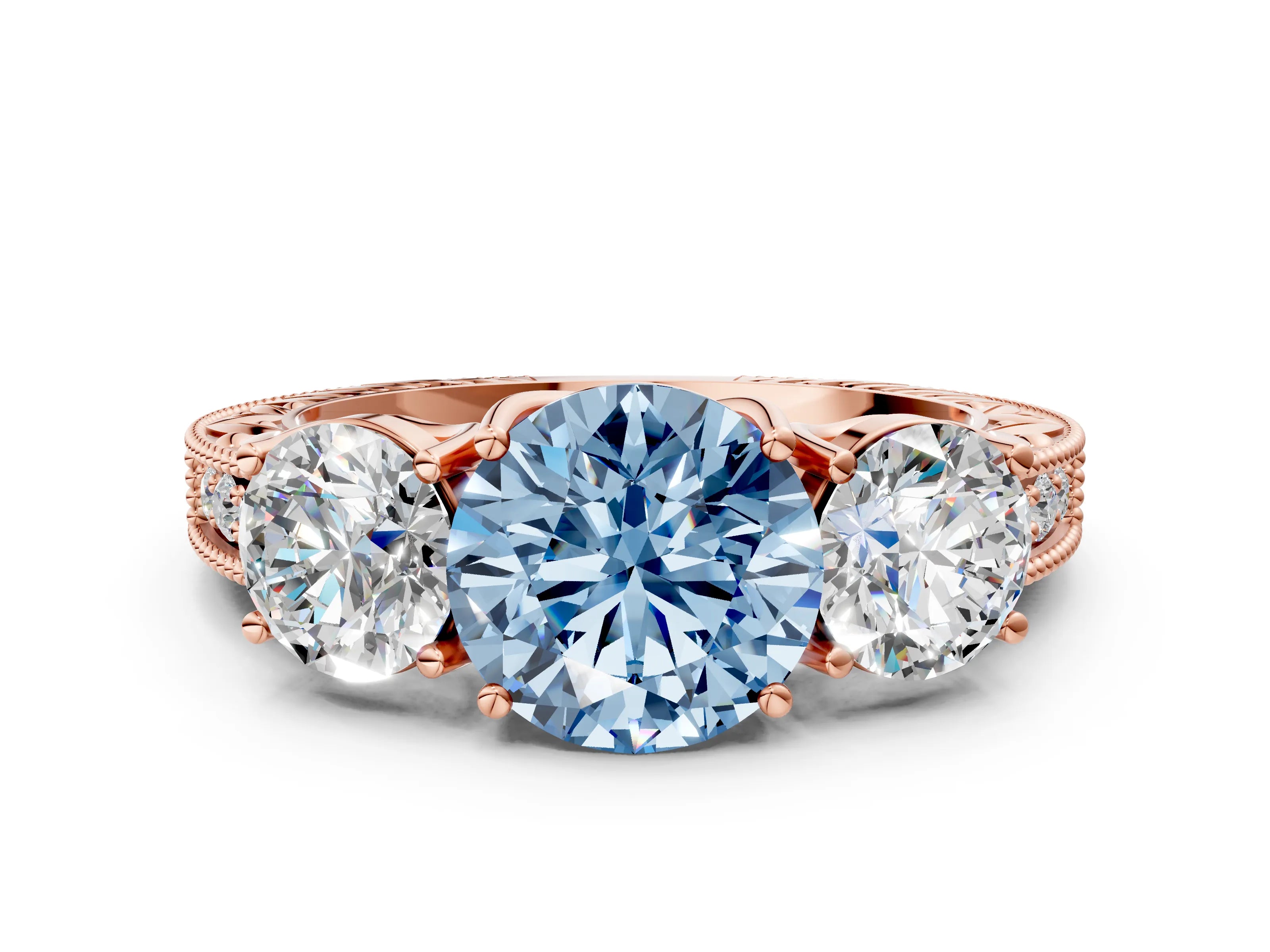 Rose gold Three-Stone Fancy Blue Round Cut Cut Milgrain Pavé Engagement Ring
