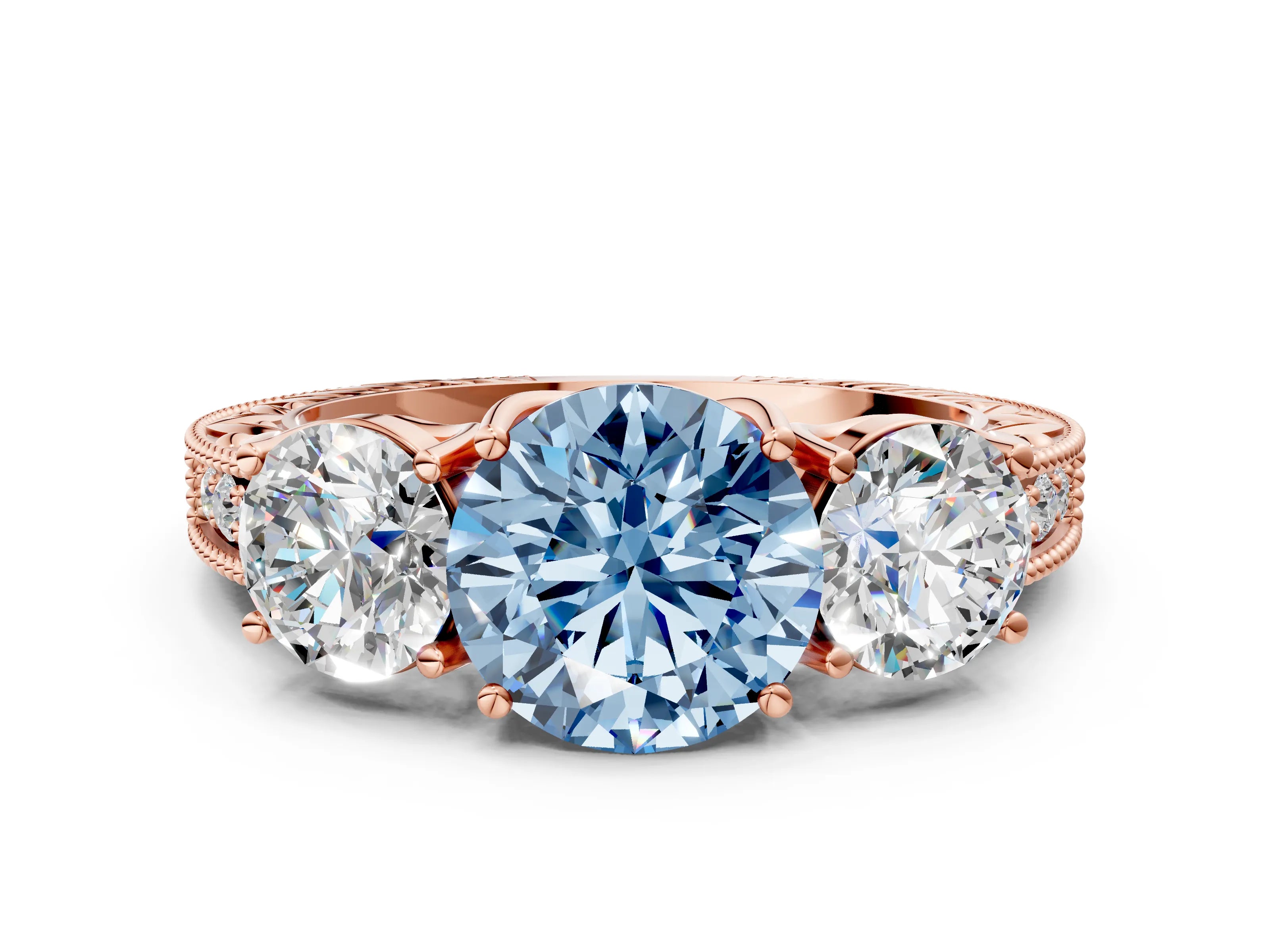 Rose gold Three-Stone Fancy Blue Round Cut Cut Milgrain Pavé Engagement Ring_12