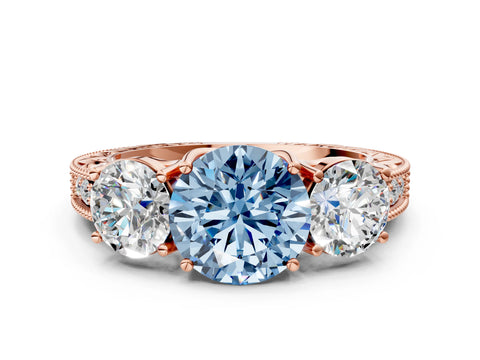 Rose gold Three-Stone Fancy Blue Round Cut Cut Milgrain Pavé Engagement Ring_12