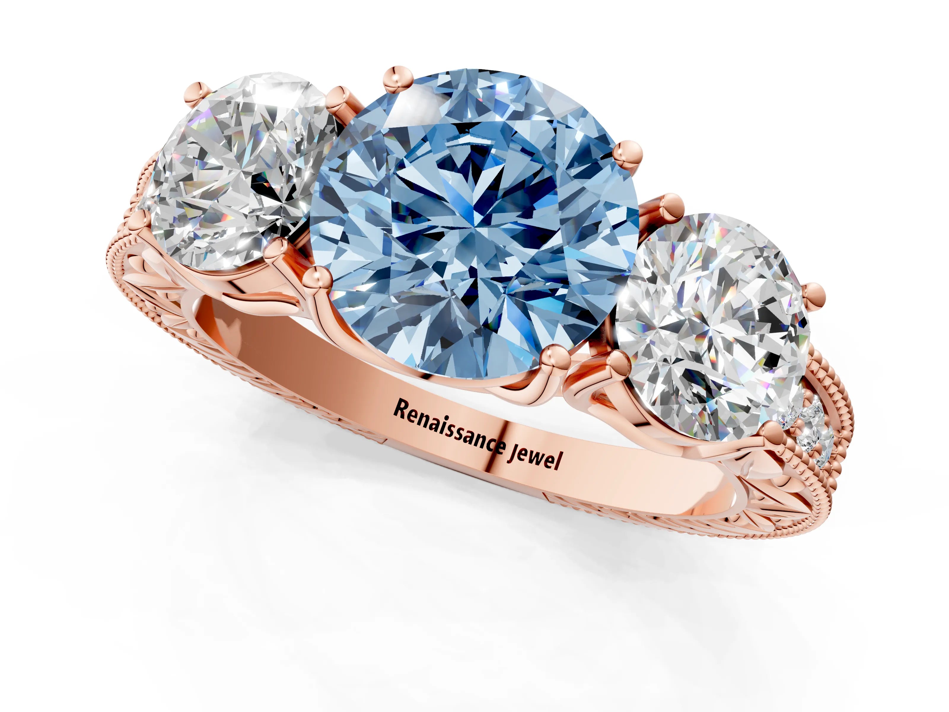 Rose gold Three-Stone Fancy Blue Round Cut Cut Milgrain Pavé Engagement Ring_13