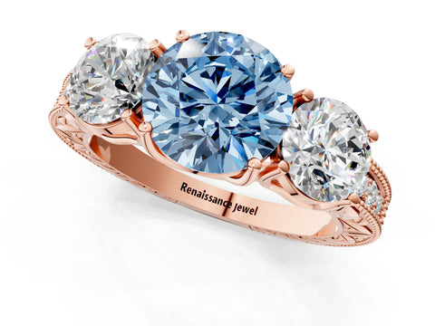 Rose gold Three-Stone Fancy Blue Round Cut Cut Milgrain Pavé Engagement Ring_13