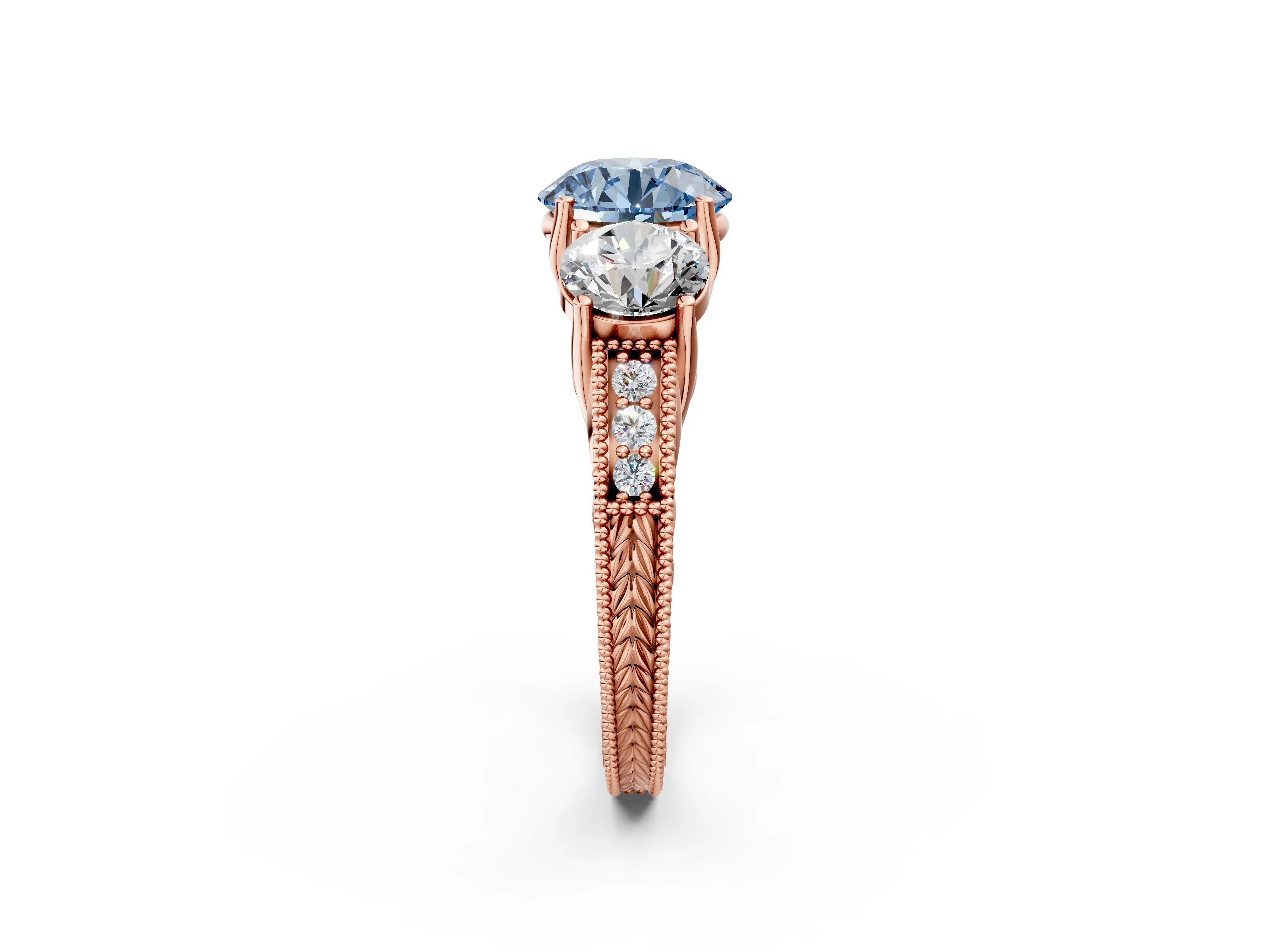 Rose gold Three-Stone Fancy Blue Round Cut Cut Milgrain Pavé Engagement Ring_14