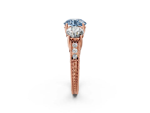 Rose gold Three-Stone Fancy Blue Round Cut Cut Milgrain Pavé Engagement Ring_14