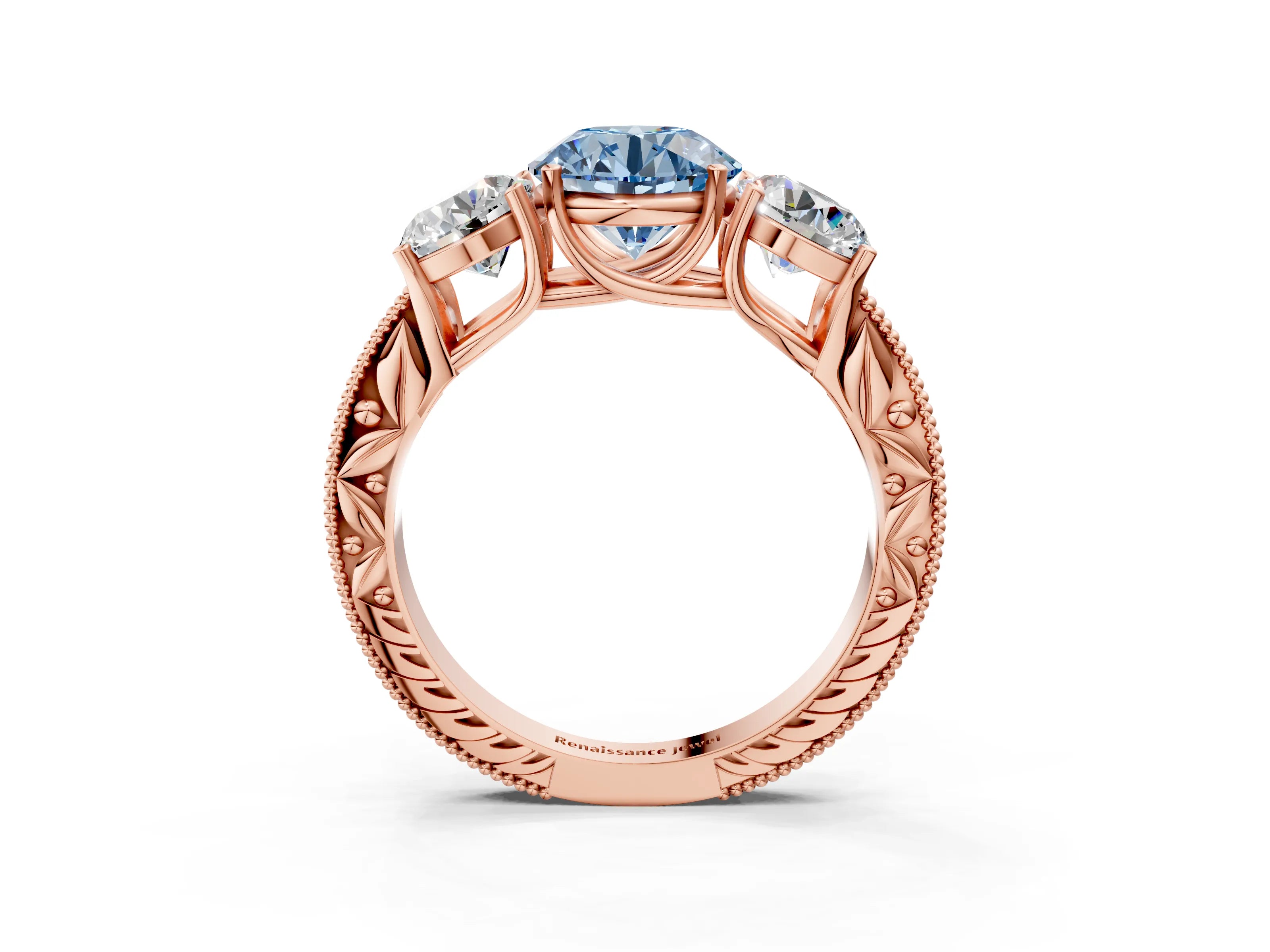 Rose gold Three-Stone Fancy Blue Round Cut Cut Milgrain Pavé Engagement Ring_15
