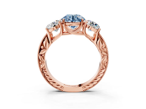 Rose gold Three-Stone Fancy Blue Round Cut Cut Milgrain Pavé Engagement Ring_15