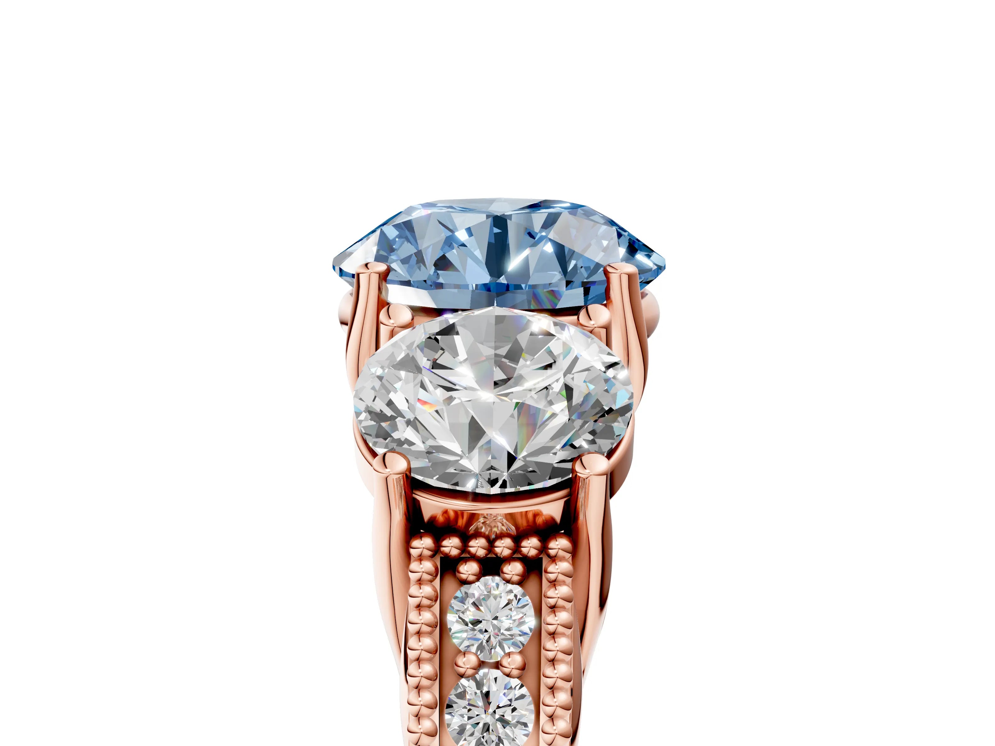 Rose gold Three-Stone Fancy Blue Round Cut Cut Milgrain Pavé Engagement Ring_17