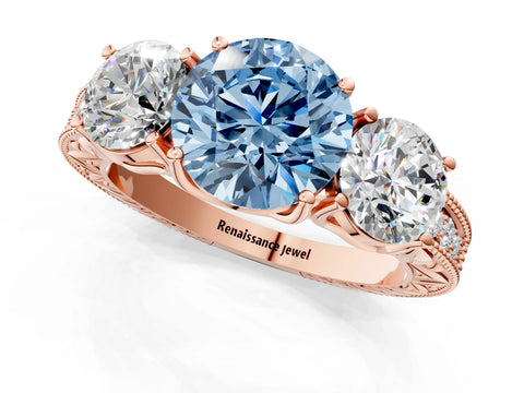 Rose gold Three-Stone Fancy Blue Round Cut Cut Milgrain Pavé Engagement Ring_1