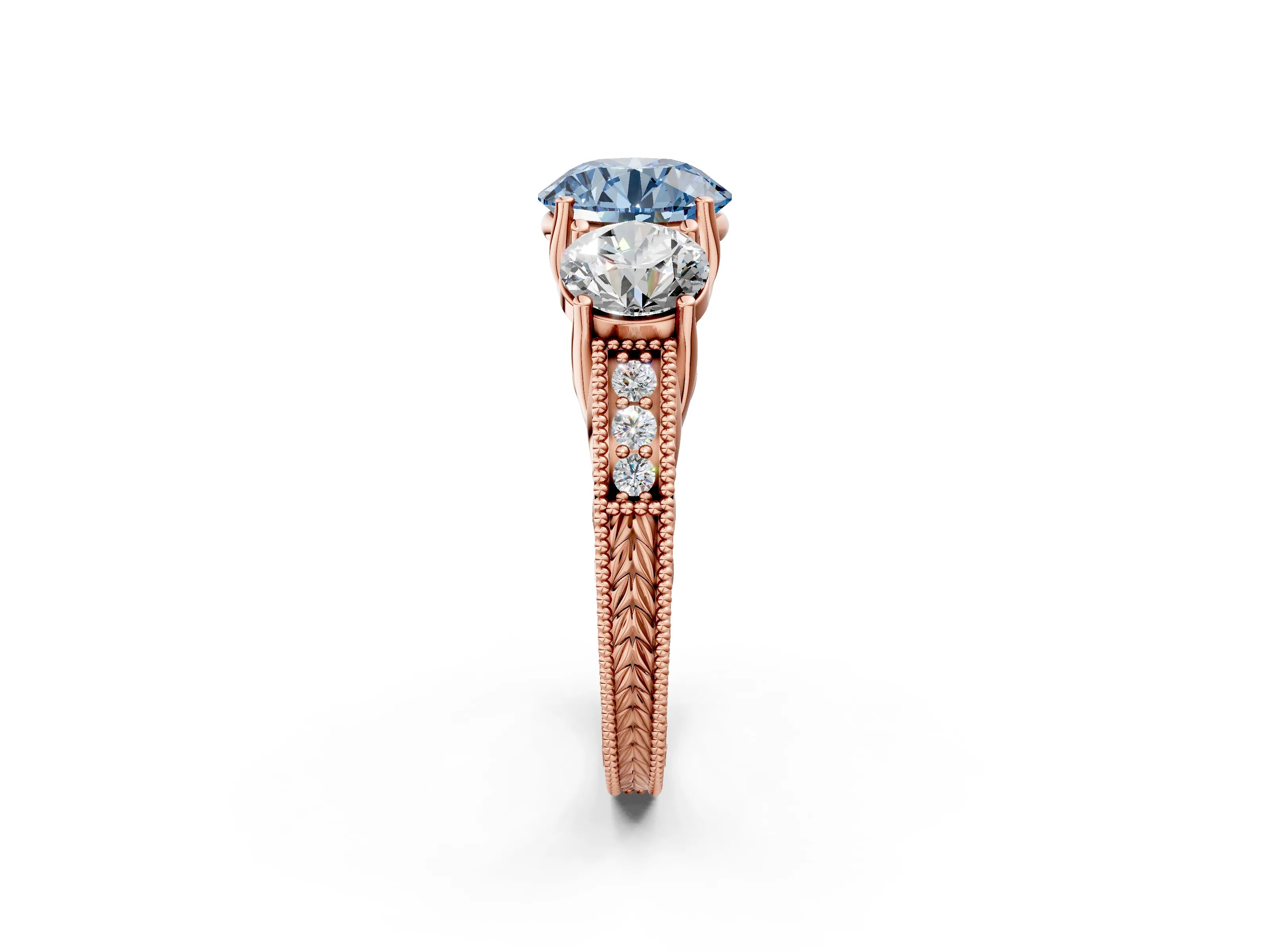 Rose gold Three-Stone Fancy Blue Round Cut Cut Milgrain Pavé Engagement Ring_2