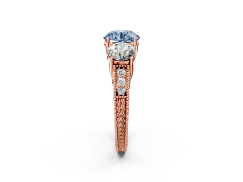 Rose gold Three-Stone Fancy Blue Round Cut Cut Milgrain Pavé Engagement Ring_2