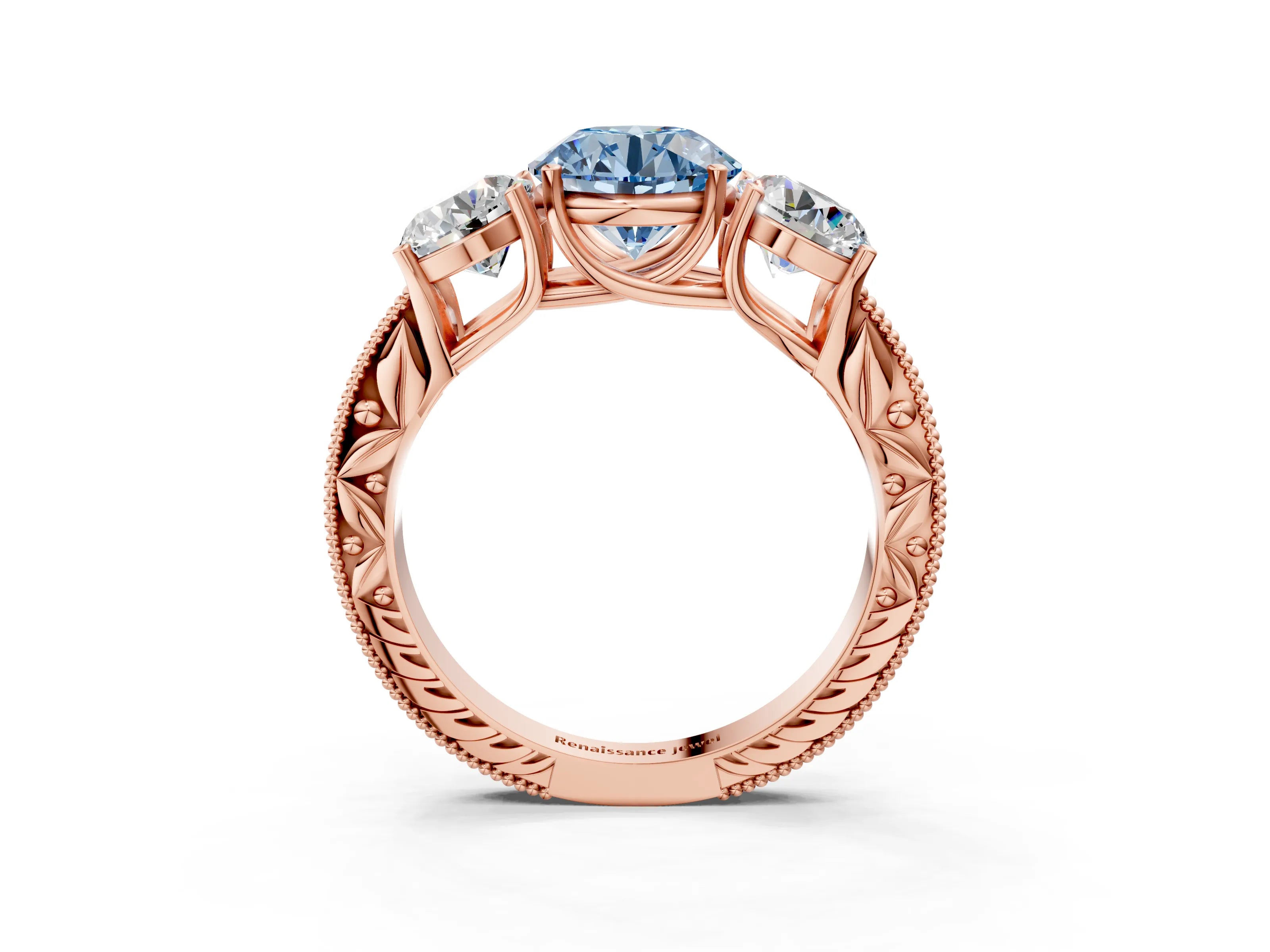 Rose gold Three-Stone Fancy Blue Round Cut Cut Milgrain Pavé Engagement Ring_3