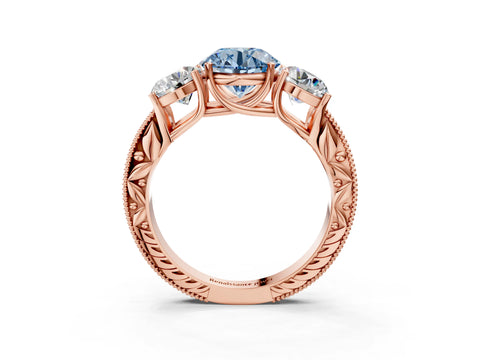 Rose gold Three-Stone Fancy Blue Round Cut Cut Milgrain Pavé Engagement Ring_3