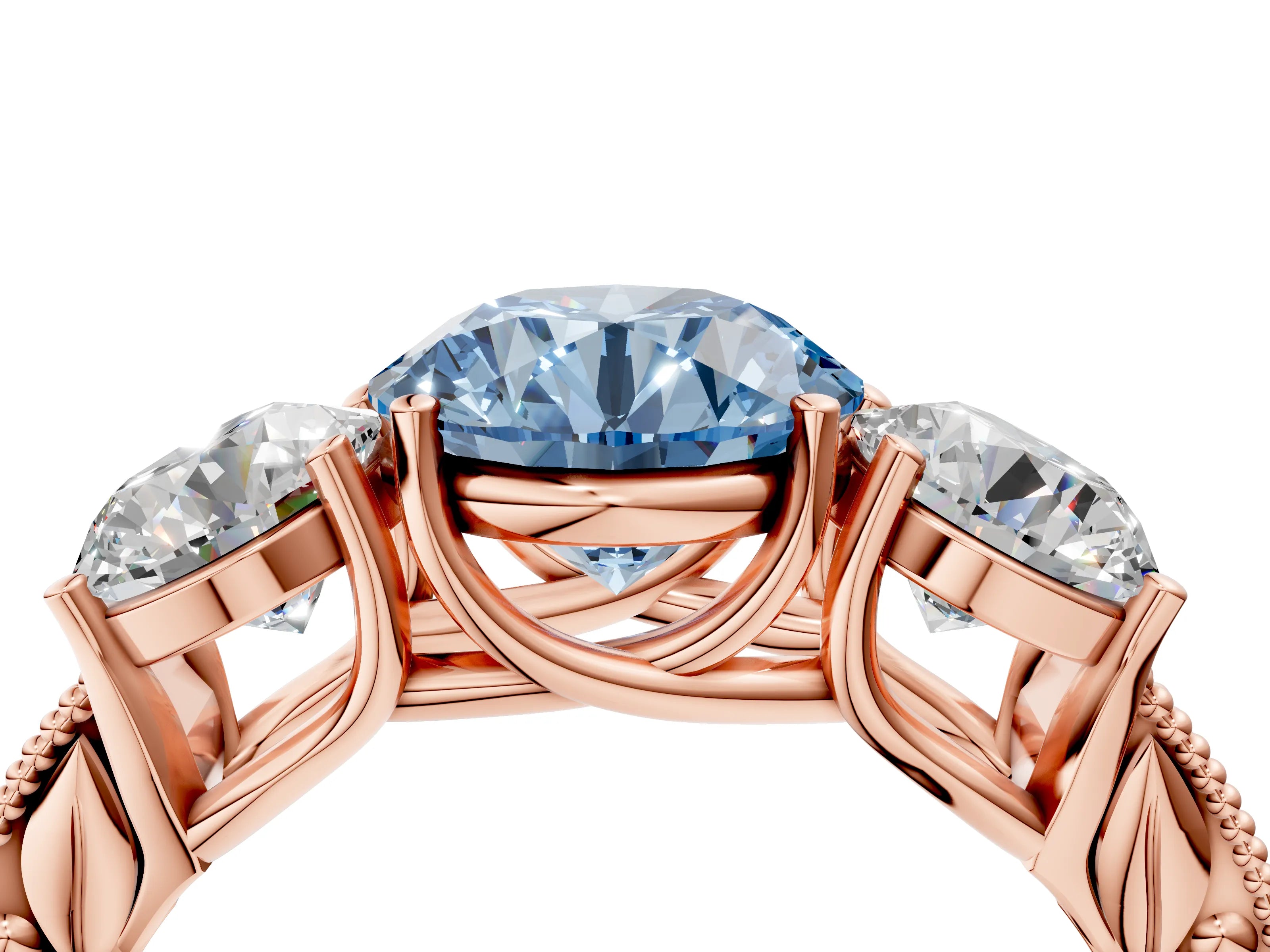 Rose gold Three-Stone Fancy Blue Round Cut Cut Milgrain Pavé Engagement Ring_4