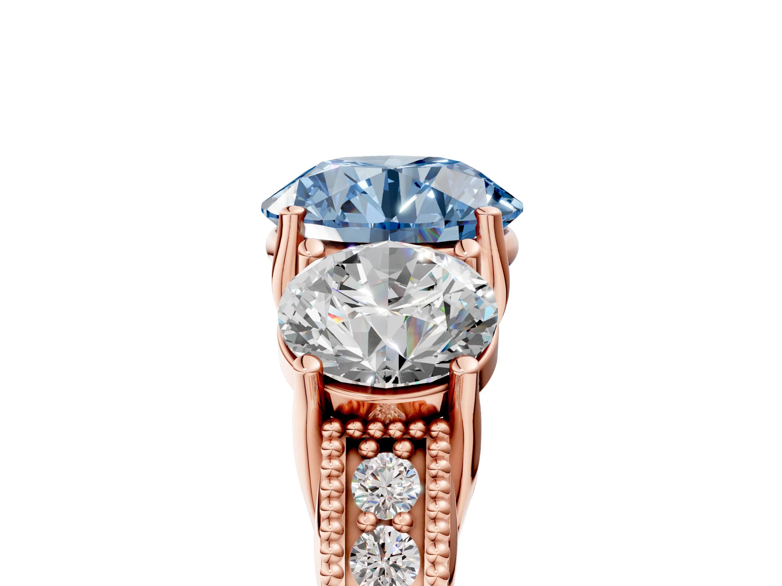 Rose gold Three-Stone Fancy Blue Round Cut Cut Milgrain Pavé Engagement Ring_5