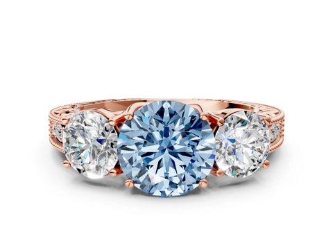 Rose gold Three-Stone Fancy Blue Round Cut Cut Milgrain Pavé Engagement Ring