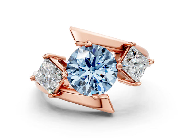 Rose gold Three-Stone Fancy Blue Round Cut Cut Tension Band Ring with Four-Prong Setting