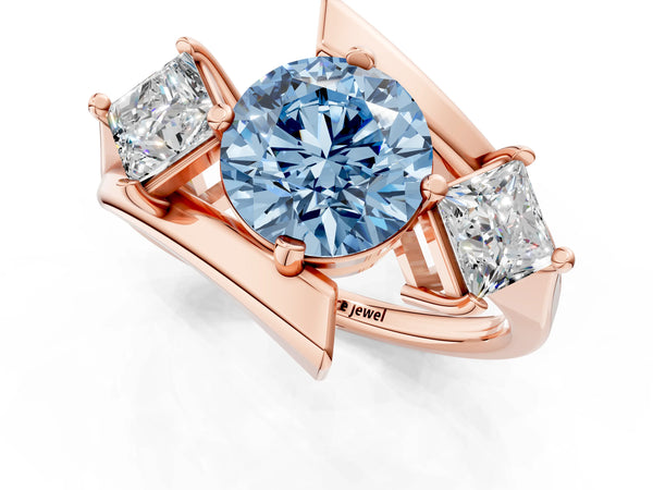 Rose gold Three-Stone Fancy Blue Round Cut Cut Tension Band Ring with Four-Prong Setting
