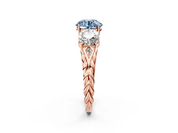 Rose Gold Round Three Stone Engagement Ring Setting for Fancy Blue Center with Braided Band