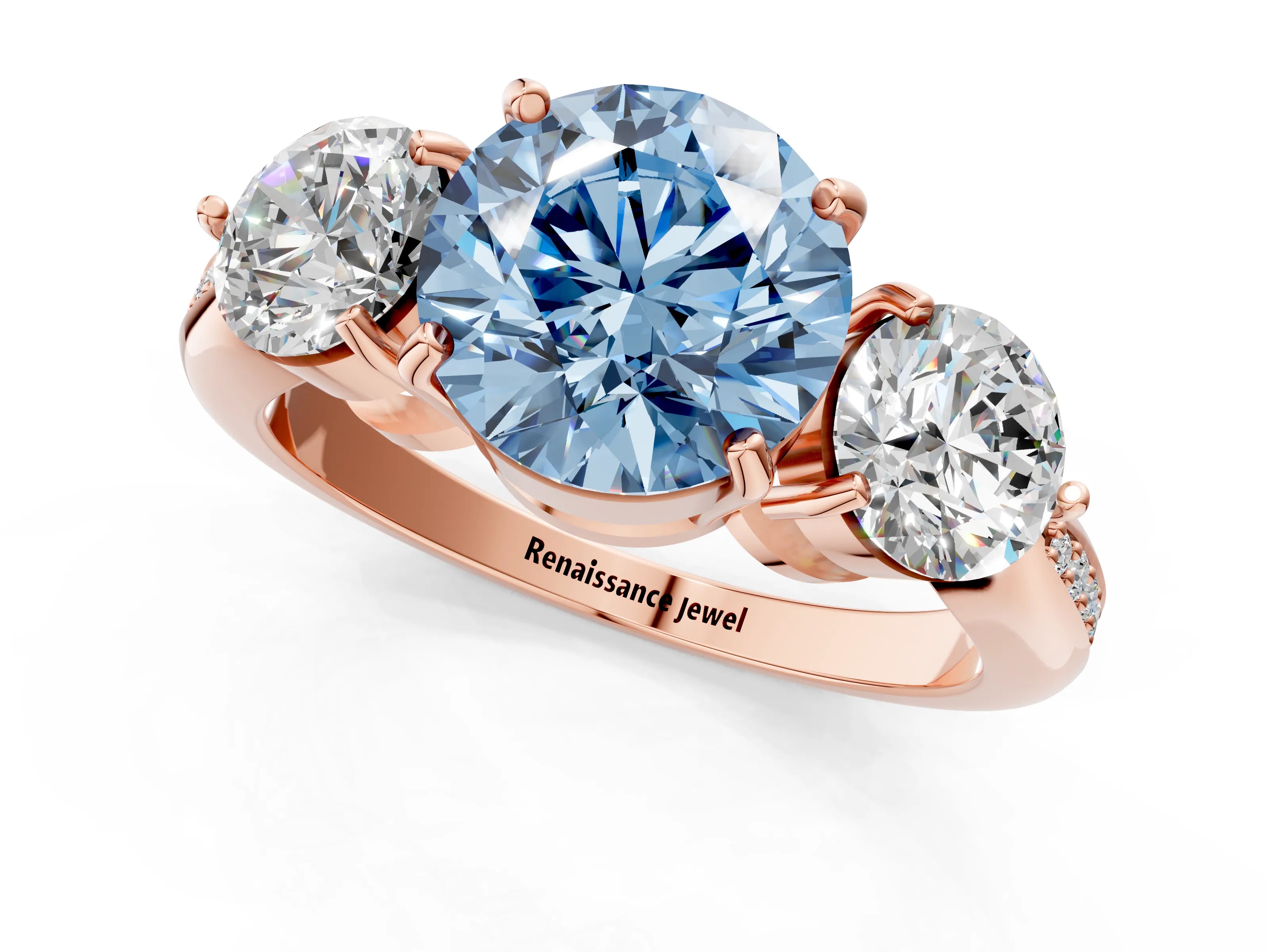 Rose gold Three-Stone Fancy Blue Round Cut Diamond Channel Set Engagement Ring with Prong Setting_1