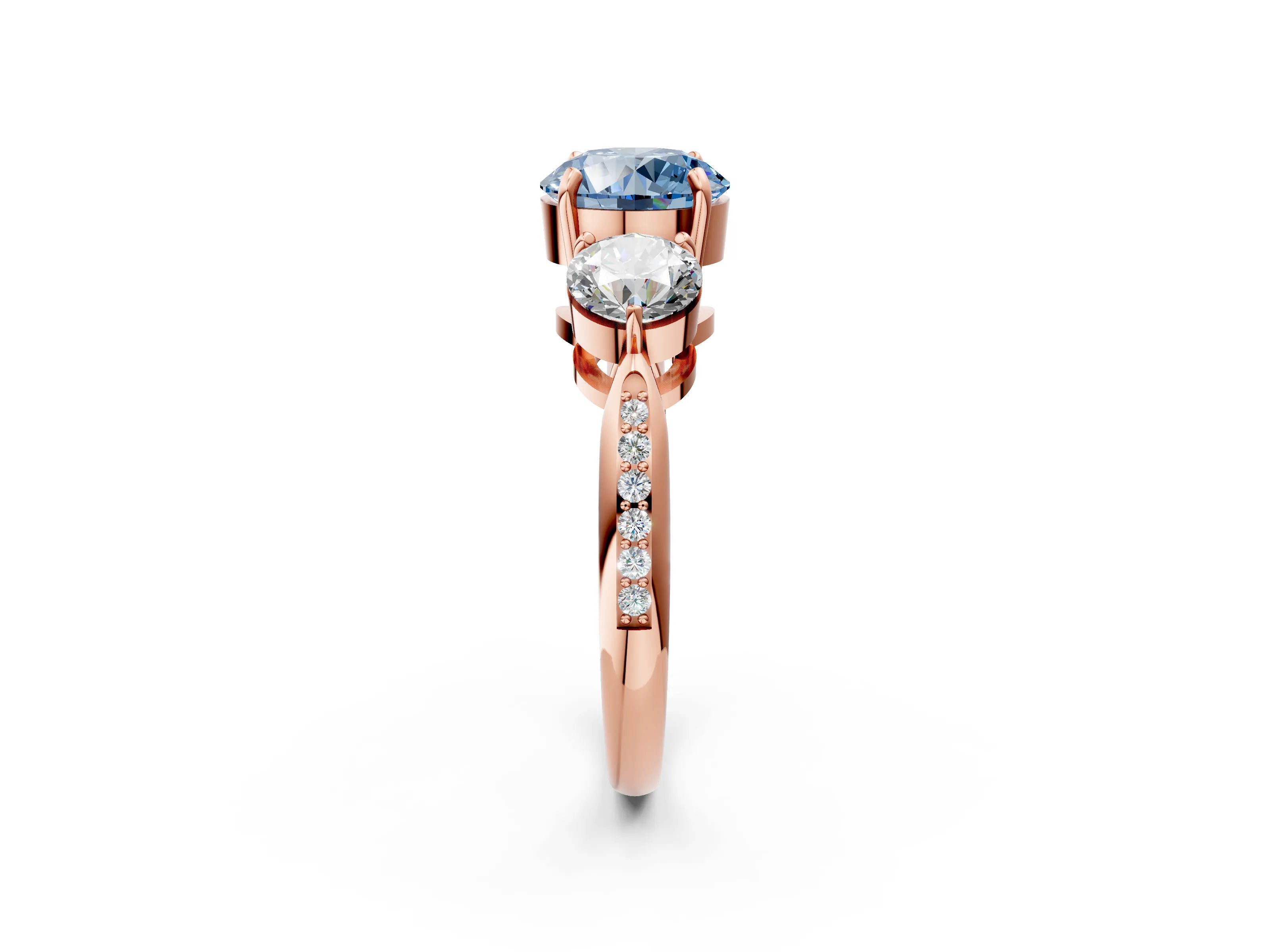 Rose gold Three-Stone Fancy Blue Round Cut Diamond Channel Set Engagement Ring with Prong Setting_2