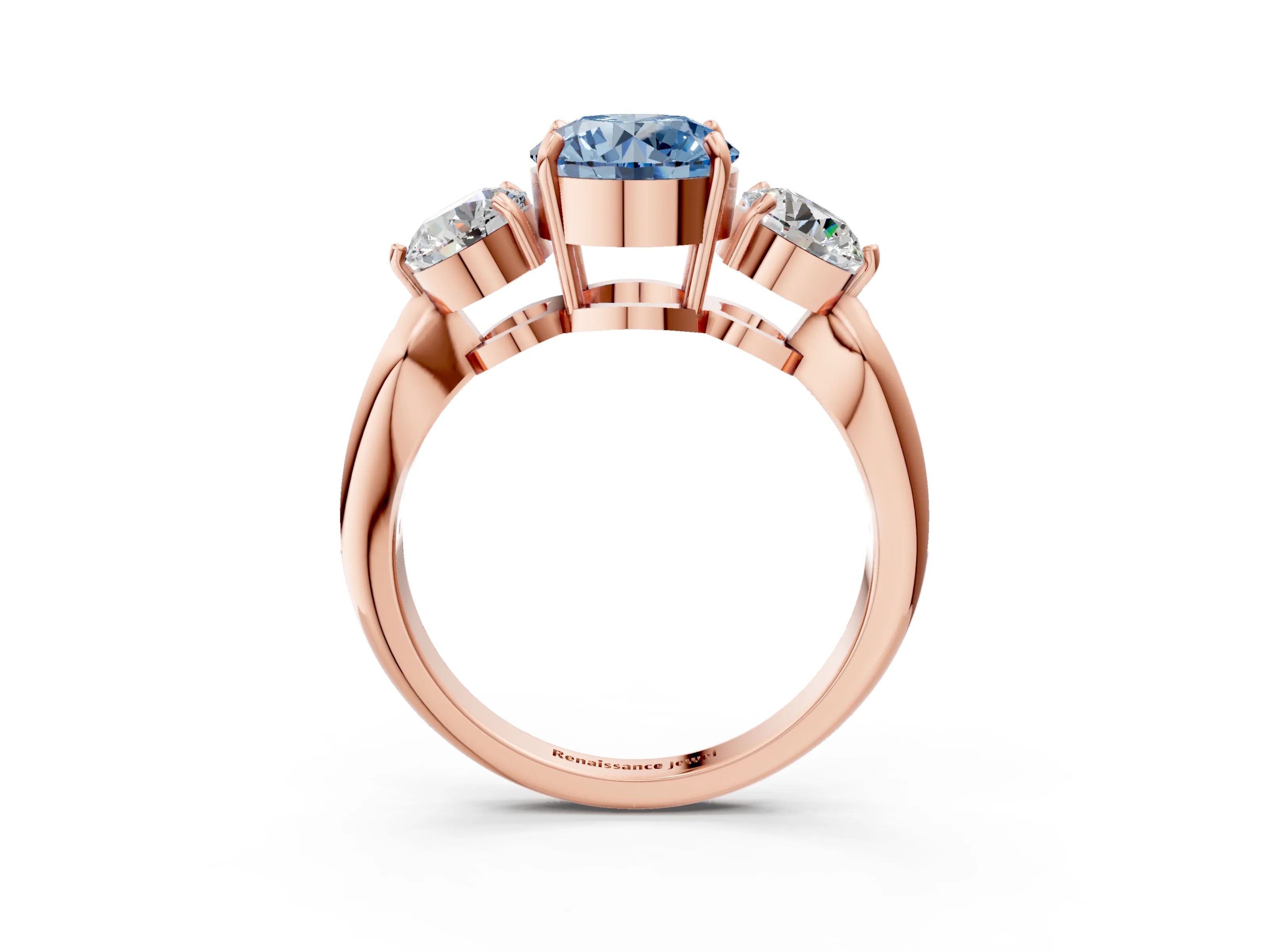 Rose gold Three-Stone Fancy Blue Round Cut Diamond Channel Set Engagement Ring with Prong Setting_3