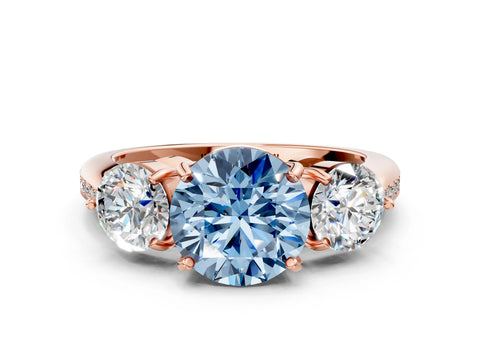 Rose gold Three-Stone Fancy Blue Round Cut Diamond Channel Set Engagement Ring with Prong Setting