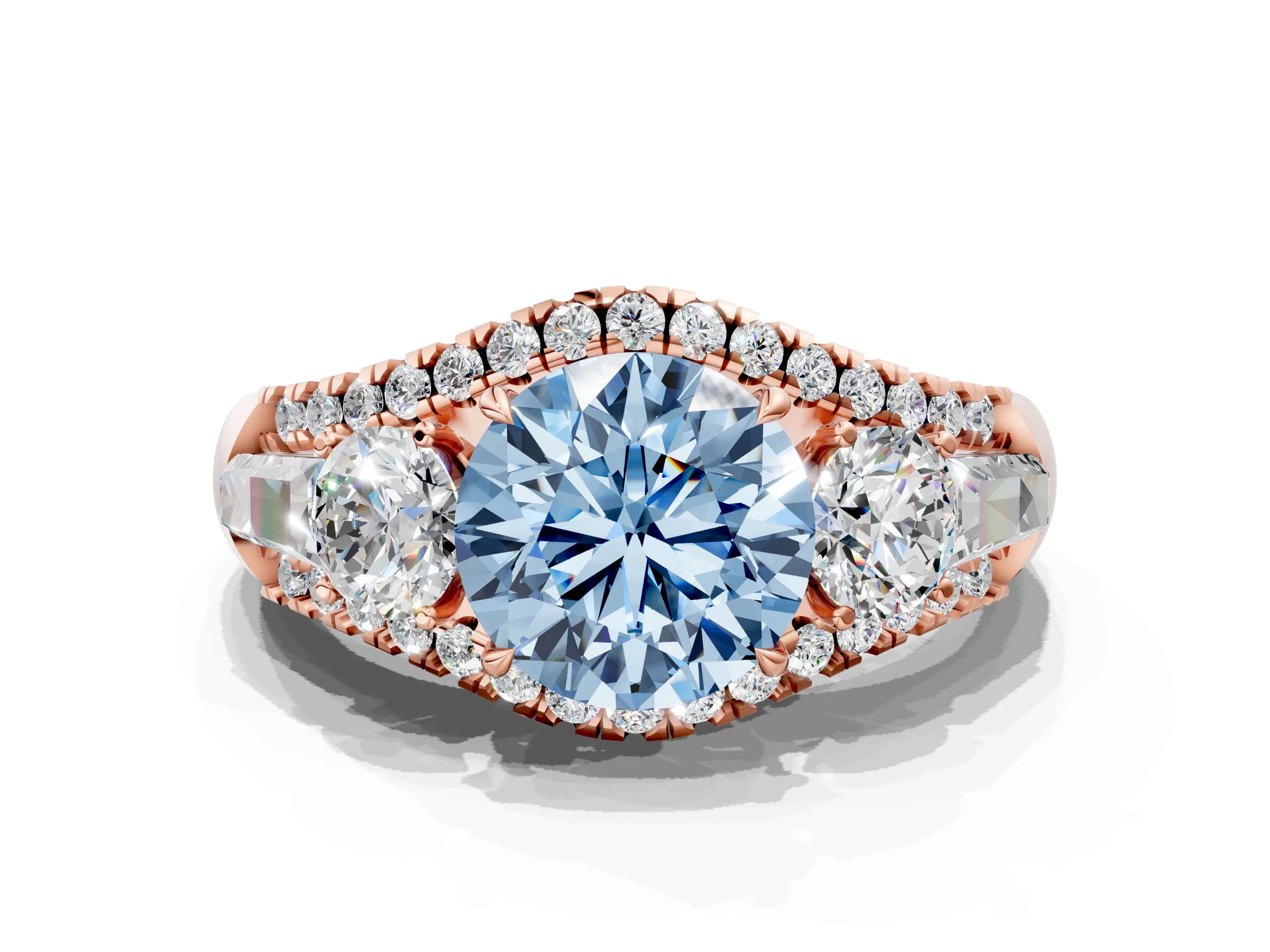 Rose gold Three-Stone Fancy Blue Round Cut Diamond Engagement Ring with Pave Band and Prong Setting