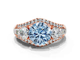 Rose gold Three-Stone Fancy Blue Round Cut Diamond Engagement Ring with Pave Band and Prong Setting