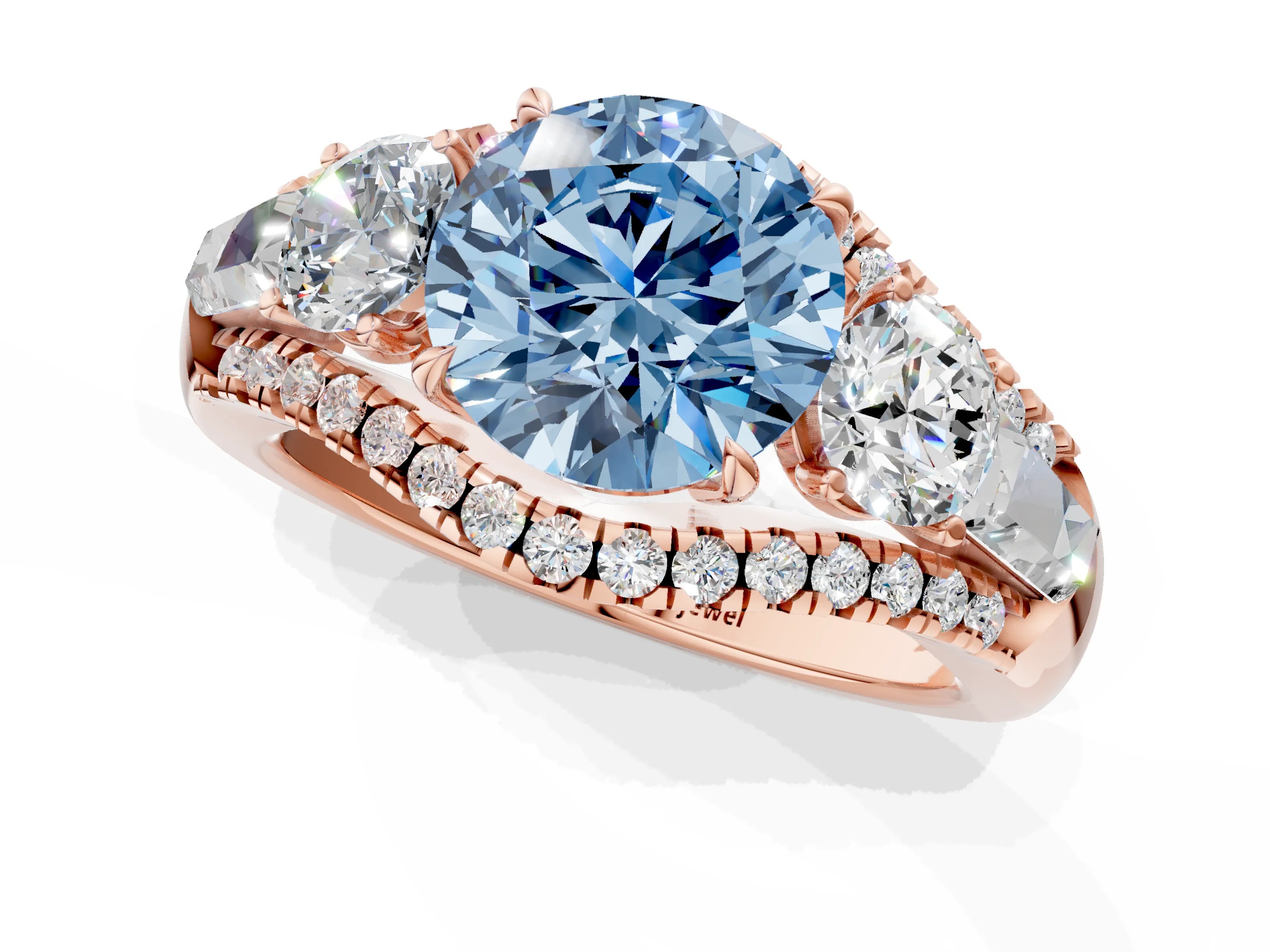 Rose gold Three-Stone Fancy Blue Round Cut Diamond Engagement Ring with Pave Band and Prong Setting_1