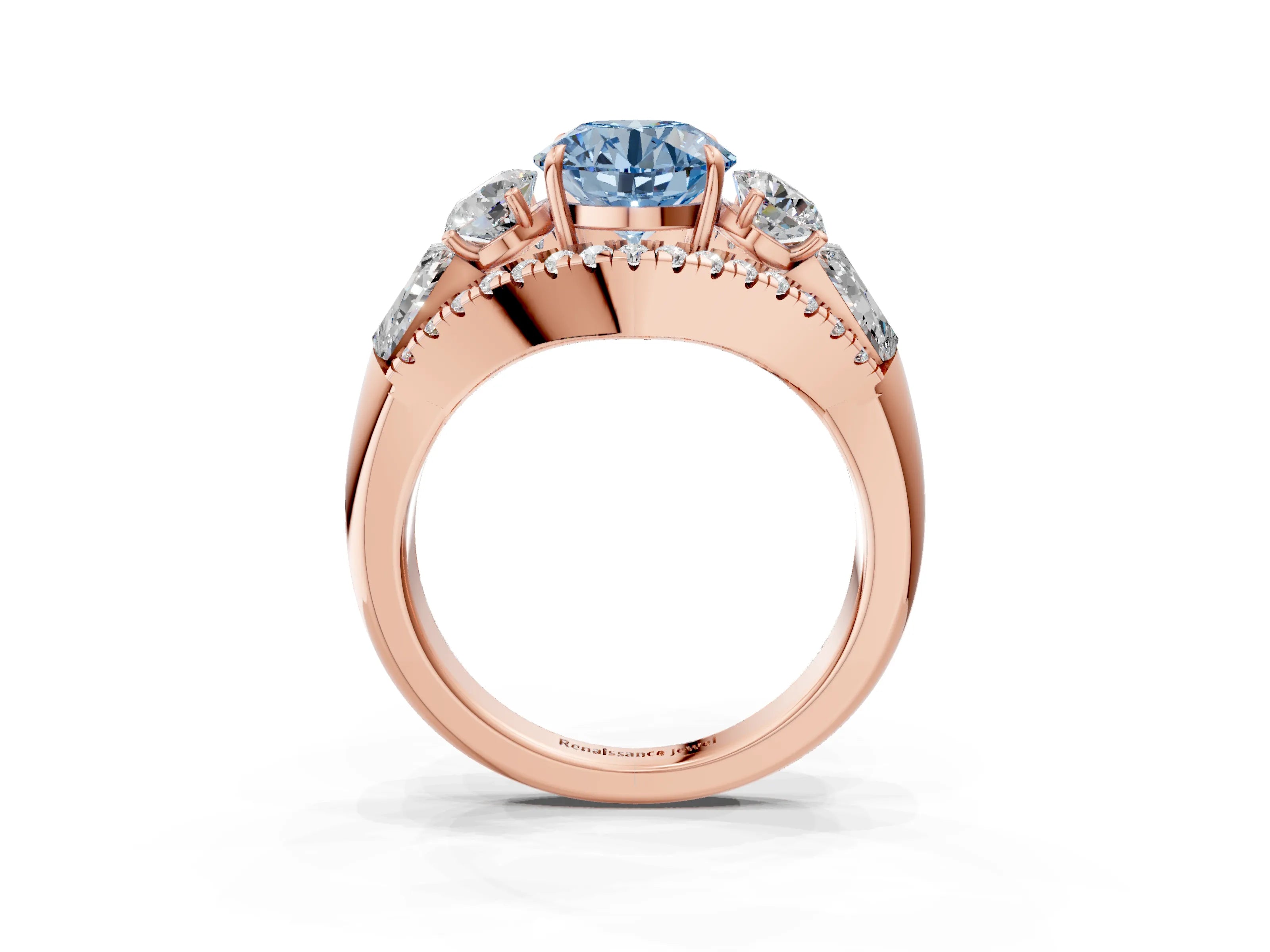 Rose gold Three-Stone Fancy Blue Round Cut Diamond Engagement Ring with Pave Band and Prong Setting_3