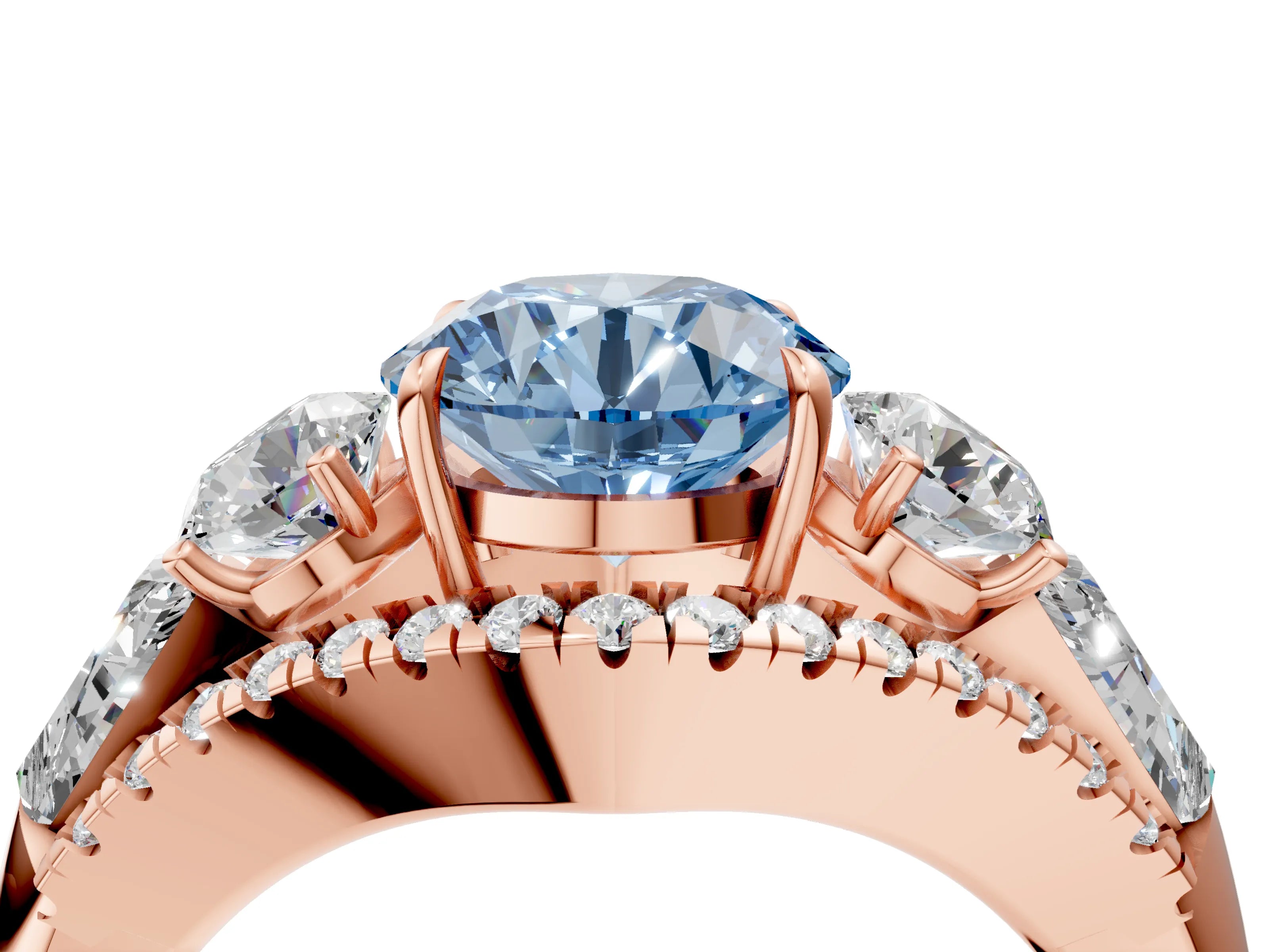 Rose gold Three-Stone Fancy Blue Round Cut Diamond Engagement Ring with Pave Band and Prong Setting_4