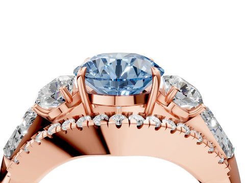 Rose gold Three-Stone Fancy Blue Round Cut Diamond Engagement Ring with Pave Band and Prong Setting_4