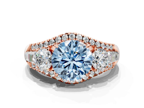 Rose gold Three-Stone Fancy Blue Round Cut Diamond Engagement Ring with Pave Band and Prong Setting