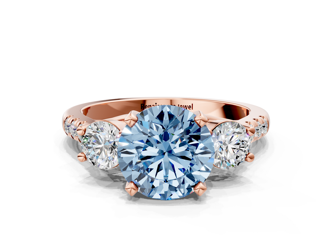 Rose gold Three-Stone Fancy Blue Round  Cut Diamond Pavé Band with Four-Prong Setting_28