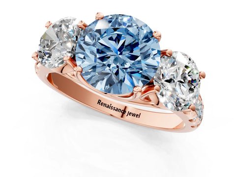 Rose gold Three-Stone Fancy Blue Round Cut Diamond Pavé Band with Prong Setting_1