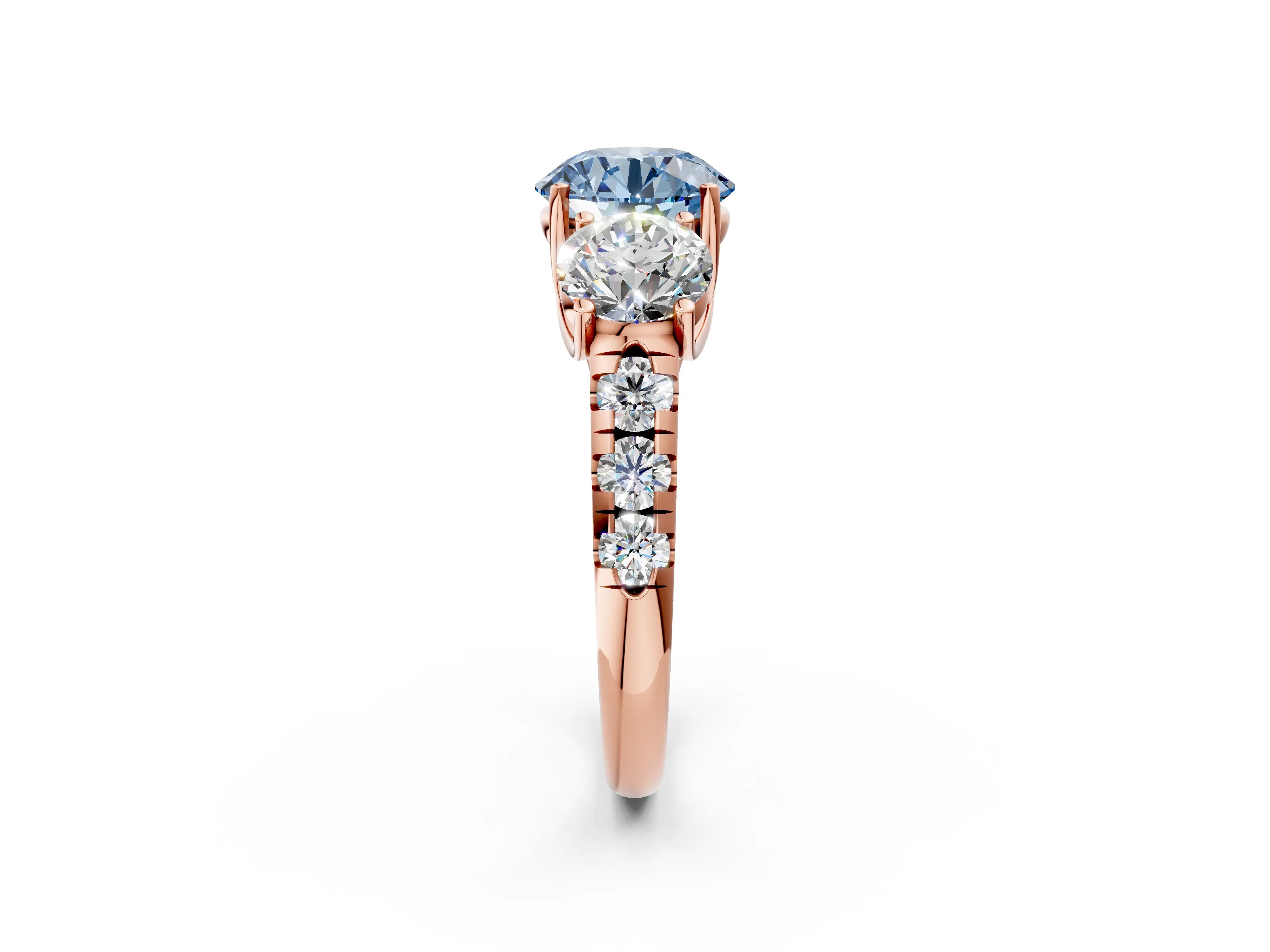 Rose gold Three-Stone Fancy Blue Round Cut Diamond Pavé Band with Prong Setting_2
