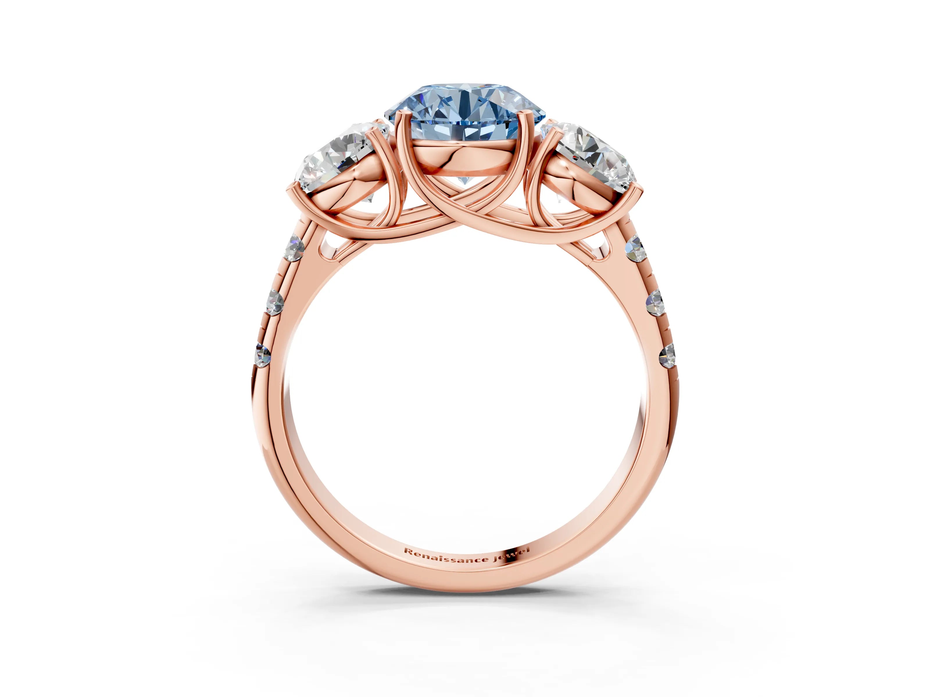 Rose gold Three-Stone Fancy Blue Round Cut Diamond Pavé Band with Prong Setting_3