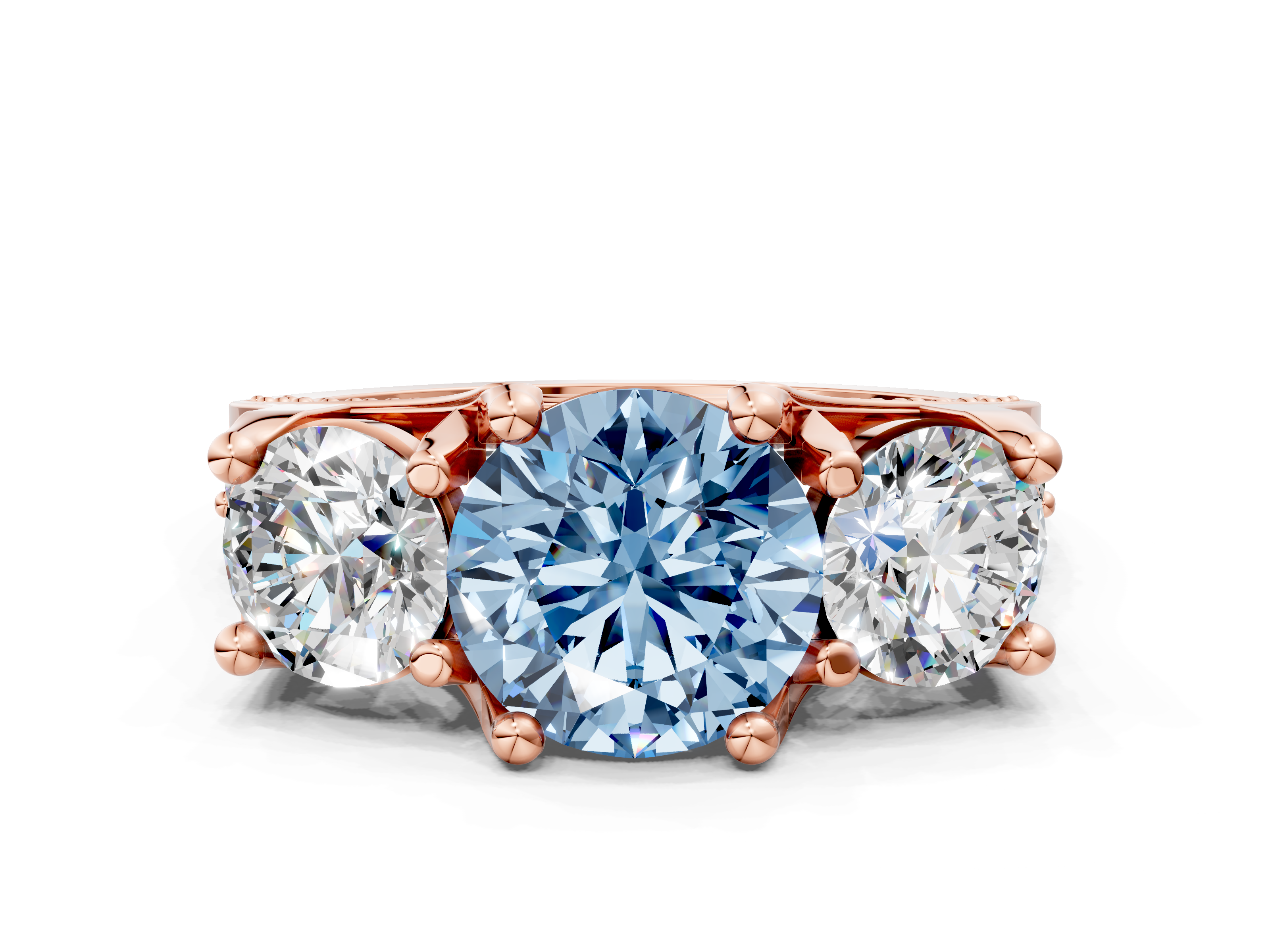 Rose gold Three-Stone Fancy Blue Round  Cut Diamond Ring with Channel-Set Band and Four-Prong Setting_32