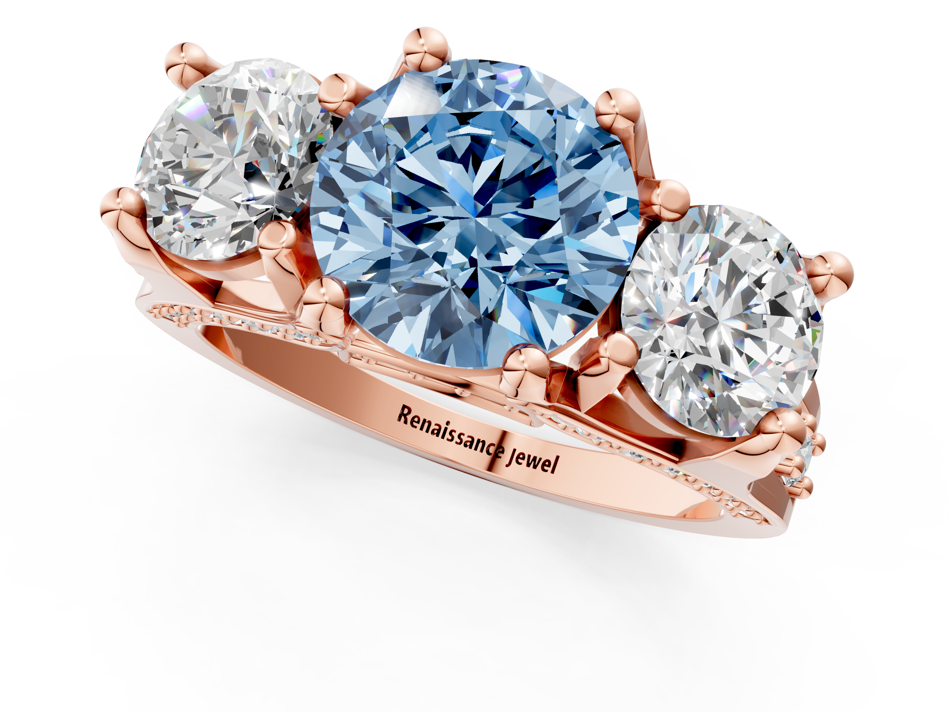 Rose gold Three-Stone Fancy Blue Round  Cut Diamond Ring with Channel-Set Band and Four-Prong Setting_33