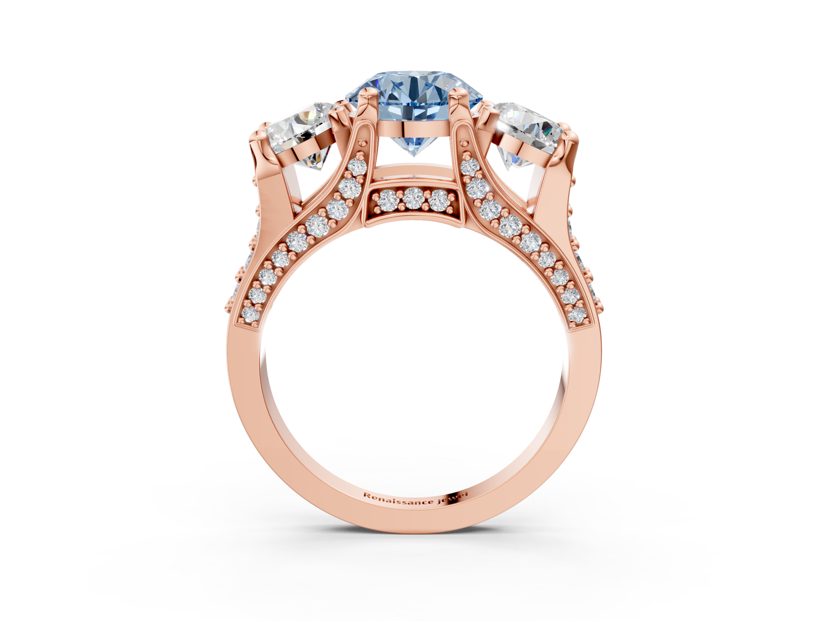 Rose gold Three-Stone Fancy Blue Round  Cut Diamond Ring with Channel-Set Band and Four-Prong Setting_35