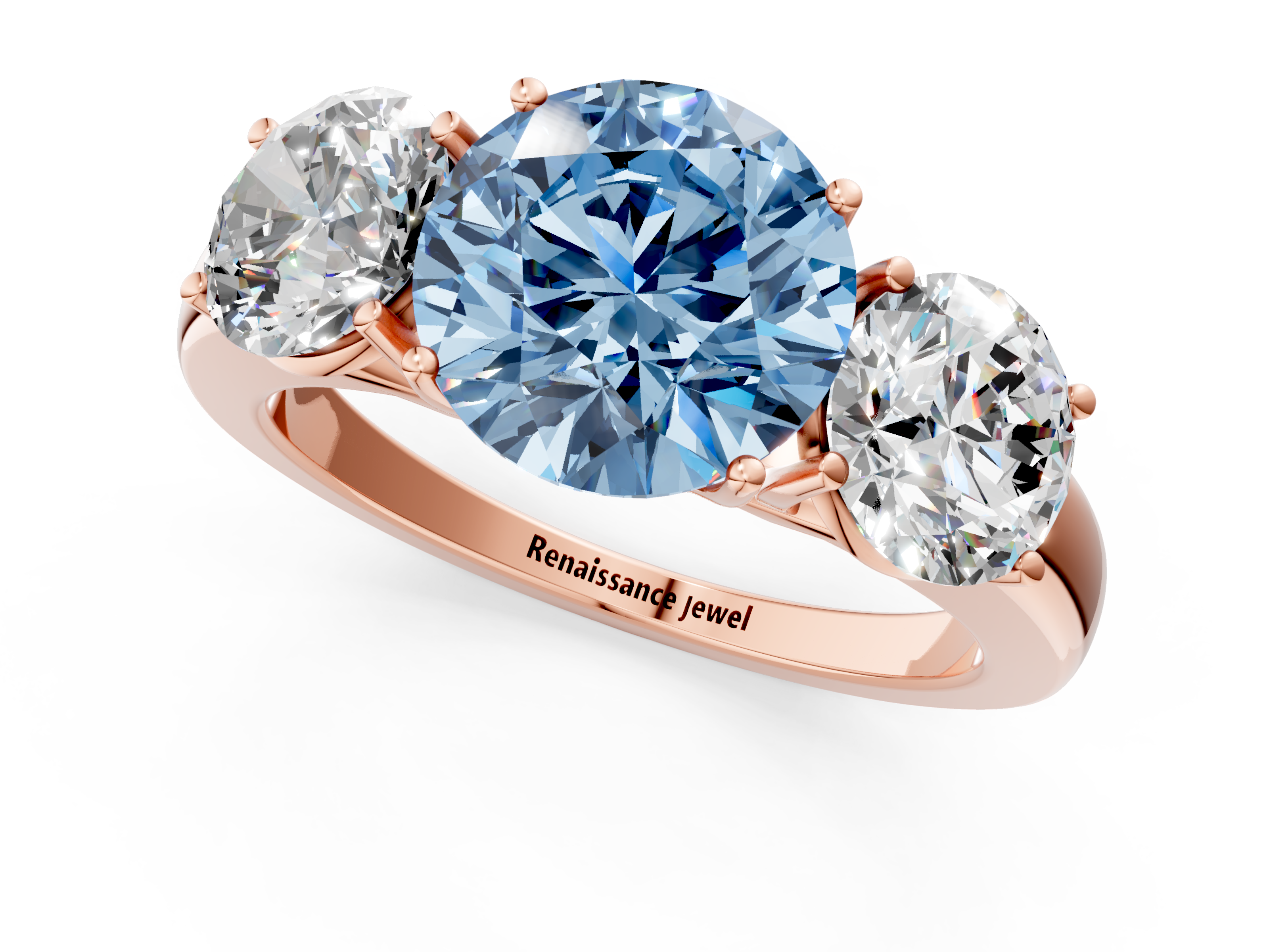 Rose gold Three-Stone Fancy Blue Round  Cut Diamond Ring with Channel-Set Band and Four-Prong Setting_44