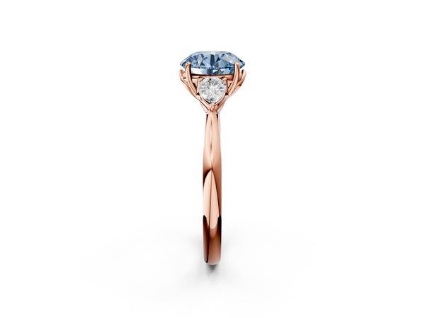 Rose gold Three-Stone Fancy Blue Round  Cut Diamond Ring with Pear Side Stones in Four-Prong Setting