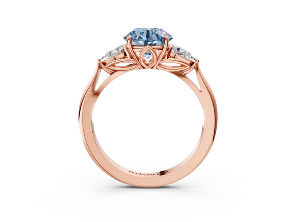 Rose gold Three-Stone Fancy Blue Round  Cut Diamond Ring with Pear Side Stones in Four-Prong Setting