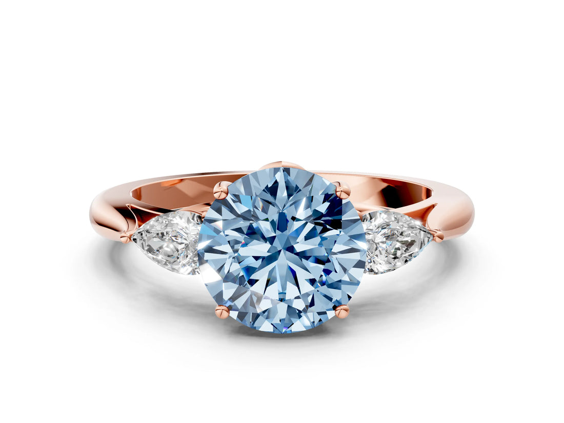 Rose gold Three-Stone Fancy Blue Round Cut Diamond Ring with Pear  Side Stones in Four-Prong Setting_36