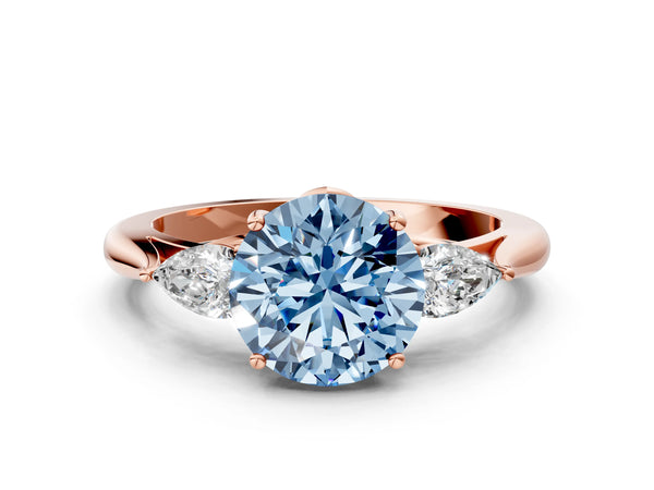 Rose gold Three-Stone Fancy Blue Round Cut Diamond Ring with Pear  Side Stones in Four-Prong Setting