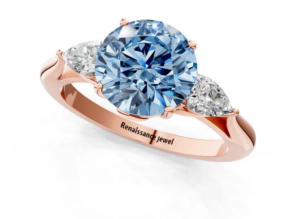 Rose gold Three-Stone Fancy Blue Round Cut Diamond Ring with Pear  Side Stones in Four-Prong Setting