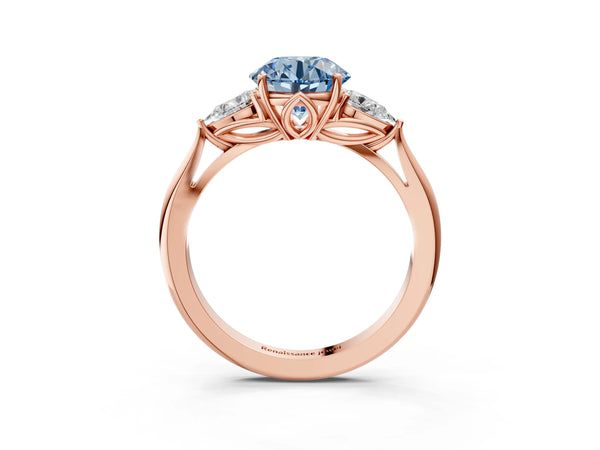 Rose gold Three-Stone Fancy Blue Round Cut Diamond Ring with Pear  Side Stones in Four-Prong Setting