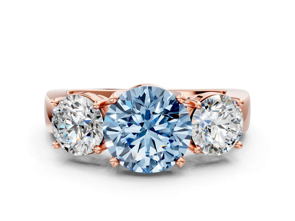 Rose gold Three-Stone Fancy Blue Round Cut Diamond Ring with Round Side Stones, Classic Band, and Four-Prong Setting