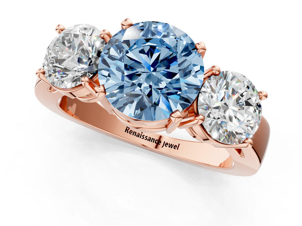 Rose gold Three-Stone Fancy Blue Round Cut Diamond Ring with Round Side Stones, Classic Band, and Four-Prong Setting