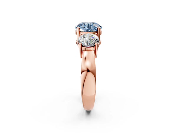Rose gold Three-Stone Fancy Blue Round Cut Diamond Ring with Round Side Stones, Classic Band, and Four-Prong Setting