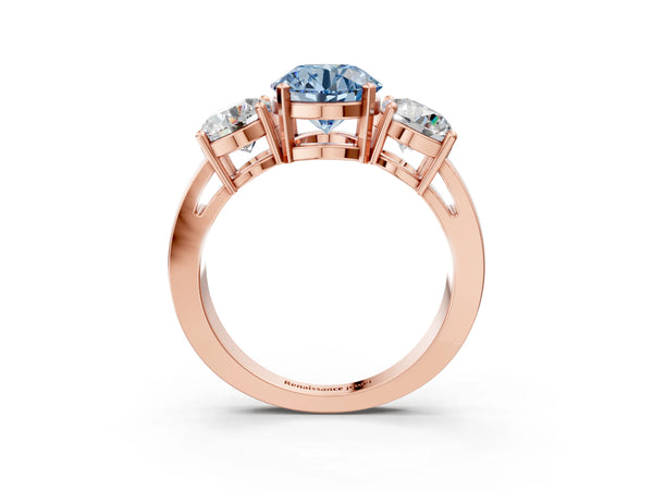 Rose gold Three-Stone Fancy Blue Round Cut Diamond Ring with Round Side Stones, Classic Band, and Four-Prong Setting